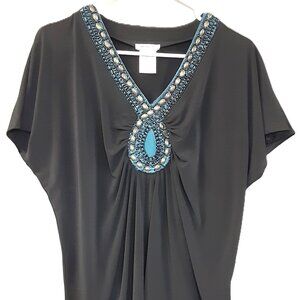 Hampshire Studio Woman's Beaded Top Size 1X, Short Sleeve, Boho, Hippie Pullover